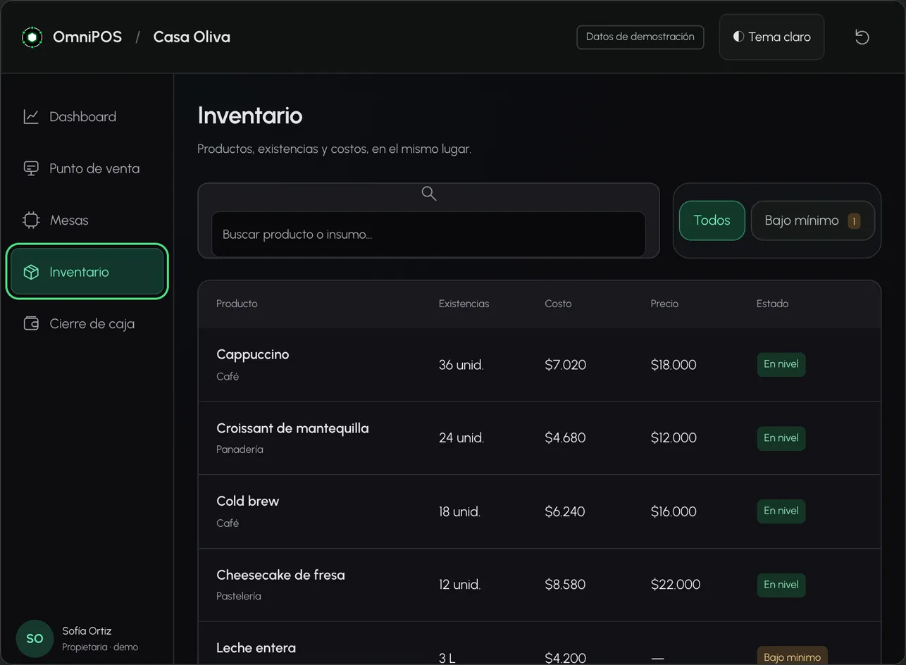 Inventario de OmniPOS con existencias, costo, precio y estado de cada producto