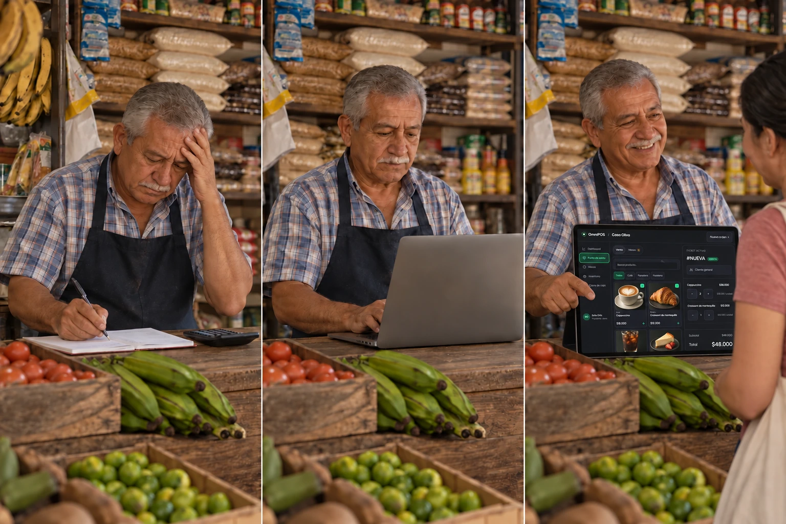 El mismo tendero usando un cuaderno, un computador y un punto de venta; historia ilustrativa creada con IA